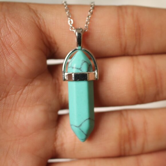 Turquoise Howlite Crystal Point Necklace – Silver Tone Chain, Healing Stone Pend - Picture 4 of 5